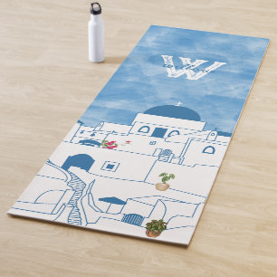 Blue & White Watercolor Santorini Greece Monogram Yoga Mat