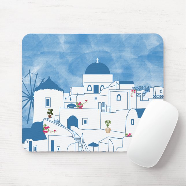 Blue & White Watercolor Santorini Greece Mouse Pad (With Mouse)