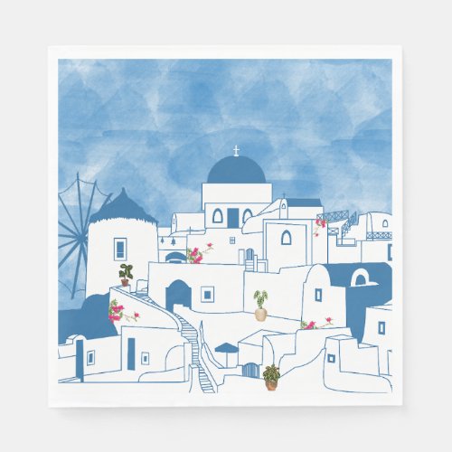 Blue  White Watercolor Santorini Greece Napkins