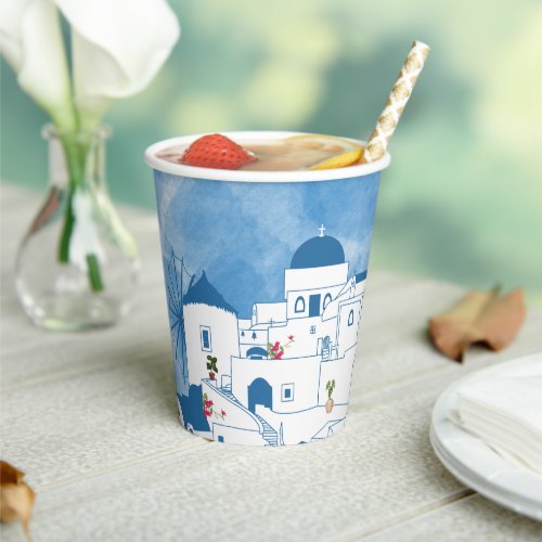 Blue  White Watercolor Santorini Greece Paper Cups