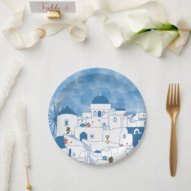 Blue & White Watercolor Santorini Greece Paper Plates (Wedding)