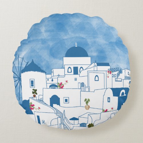 Blue  White Watercolor Santorini Greece Round Pillow