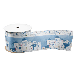 Blue & White Watercolor Santorini Greece Satin Ribbon