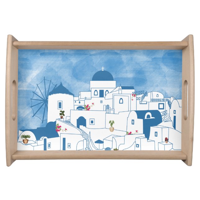 Blue & White Watercolor Santorini Greece Serving Tray (Front)