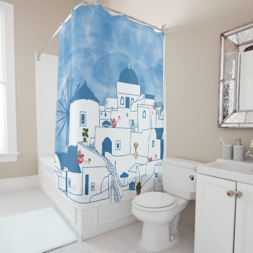 Blue  White Watercolor Santorini Greece Shower Curtain