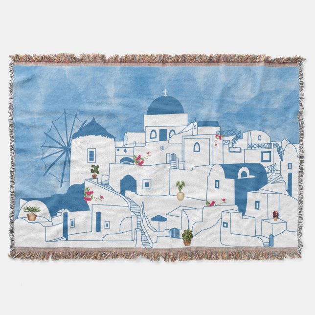 Blue & White Watercolor Santorini Greece Throw Blanket (Front)