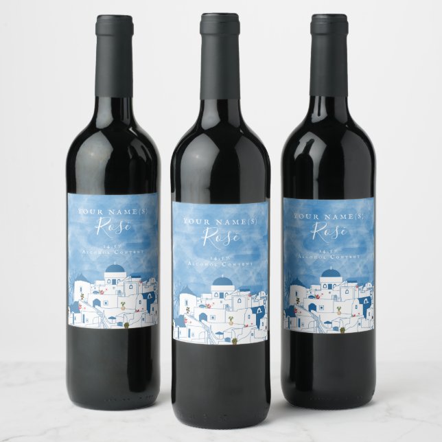 Blue & White Watercolor Santorini Greece Wedding Wine Label (Bottles)