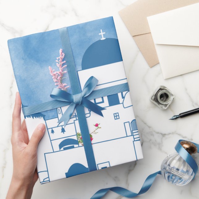 Blue & White Watercolor Santorini Greece Wrapping Paper (Gifting)