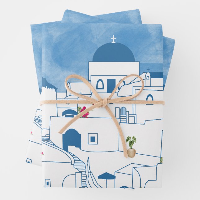 Blue & White Watercolor Santorini Greece Wrapping Paper Sheets (In situ)