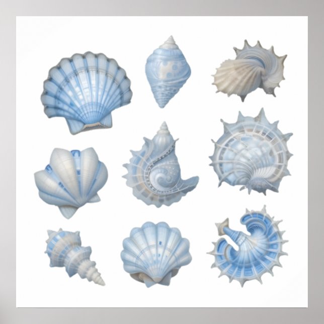 Blue & White Watercolor Seashells – Ocean Nursery  Poster (Front)