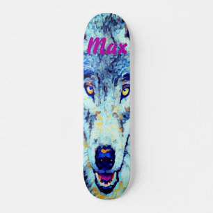 Blue White Watercolor Snowy Winter Wolf Skateboard