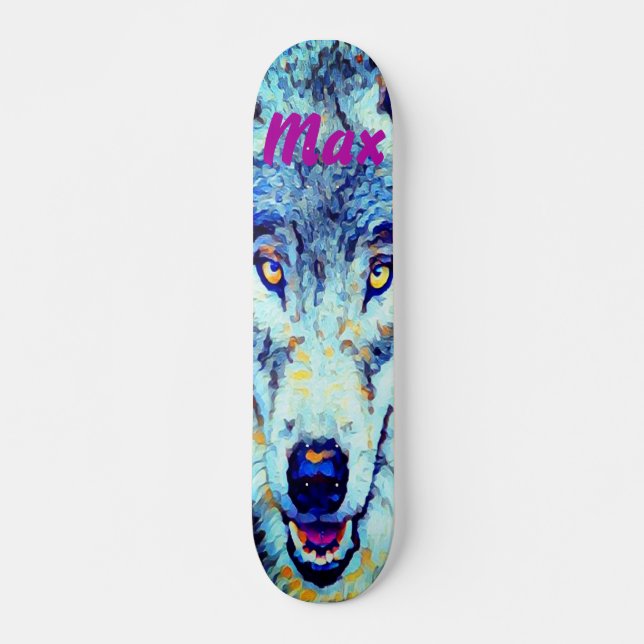 Blue White Watercolor Snowy Winter Wolf Skateboard (Front)