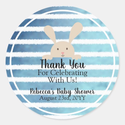 Blue White Watercolor Stripe Rabbit Baby Shower Classic Round Sticker