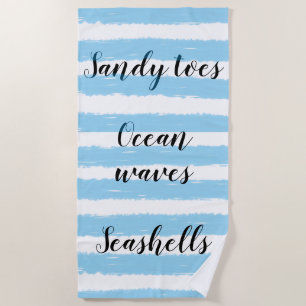 Blue White Watercolor Stripes Beach Typography Beach Towel