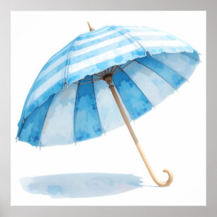 Blue & White Watercolor Umbrella – Ocean Nursery  Poster