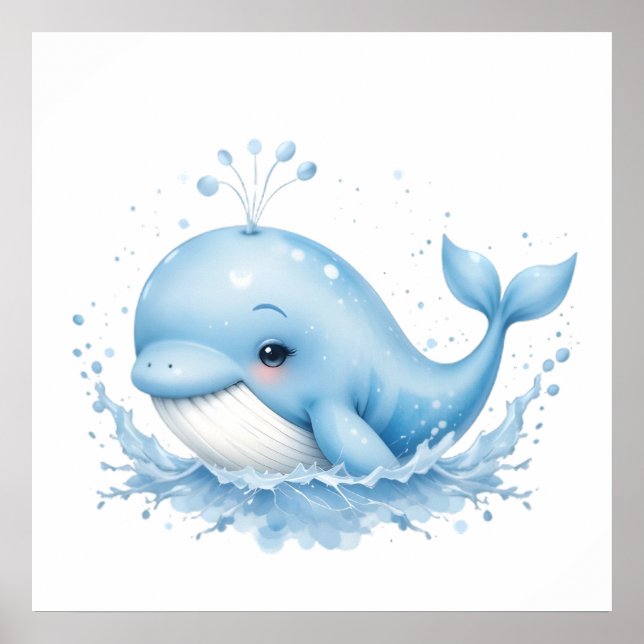 Blue & White Watercolor Whale – Ocean Nursery Wall Poster (Front)