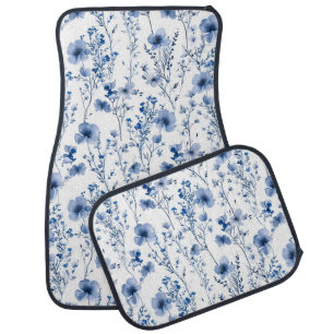 Blue White Watercolor Wildflower Floral Car Floor Mat