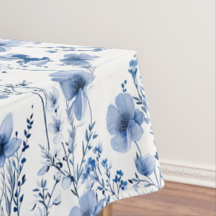 Blue White Watercolor Wildflower Floral Pattern Tablecloth