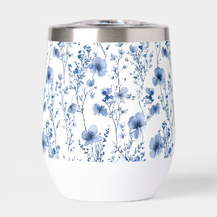 Blue White Watercolor Wildflower Floral Pattern Thermal Wine Tumbler