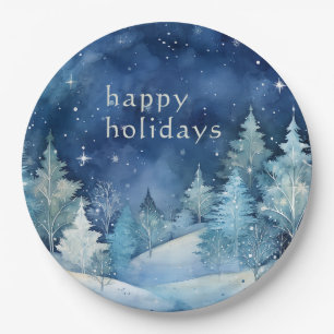 Blue & White Watercolor Winter Scenery Holiday Paper Plates