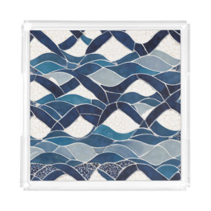 Blue White Wave Pattern 01 Acrylic Tray