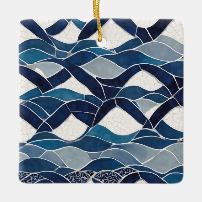 Blue White Wave Pattern 01 Ceramic Ornament (Front)