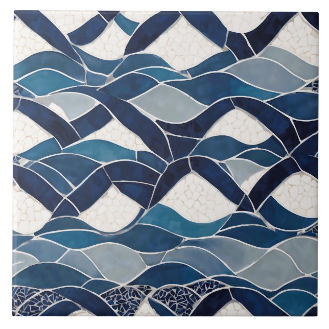 Blue White Wave Pattern 01 Ceramic Tile (Front)