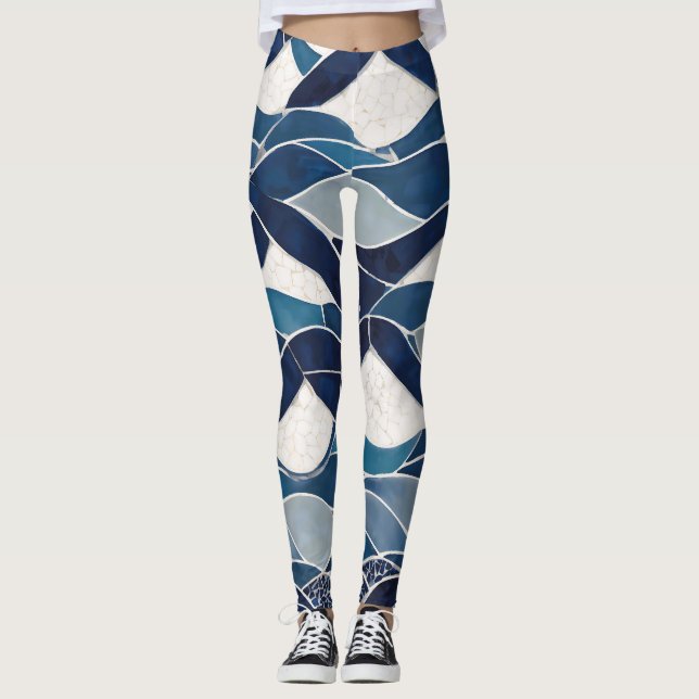 Blue White Wave Pattern 01 Leggings (Front)