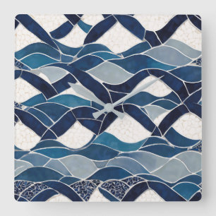 Blue White Wave Pattern 01 Square Wall Clock