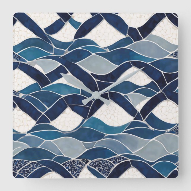 Blue White Wave Pattern 01 Square Wall Clock (Front)