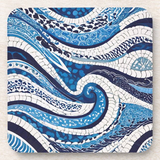 Blue White Wave Pattern 05 Beverage Coaster (Front)