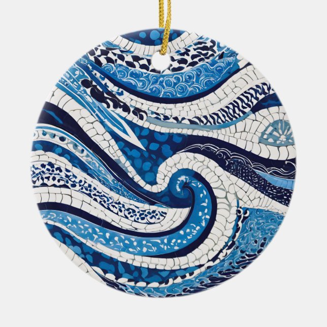 Blue White Wave Pattern 05 Ceramic Ornament (Front)