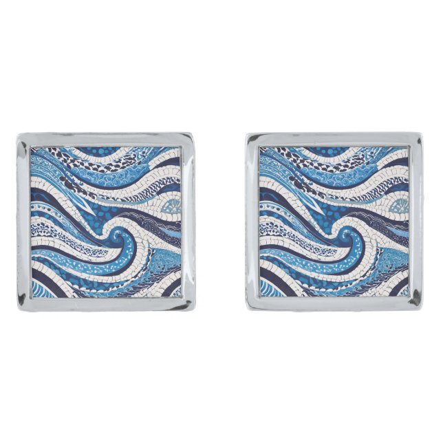 Blue White Wave Pattern 05 Cufflinks (Front)