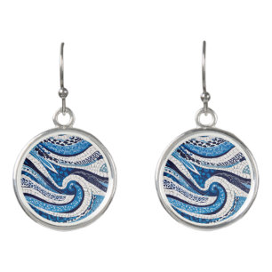Blue White Wave Pattern 05 Earrings