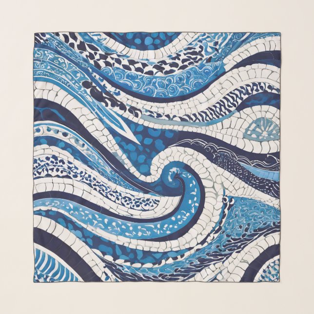 Blue White Wave Pattern 05 Scarf (Front)