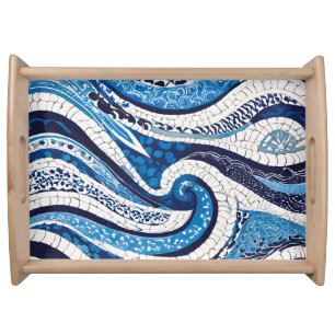 Blue White Wave Pattern 05 Serving Tray