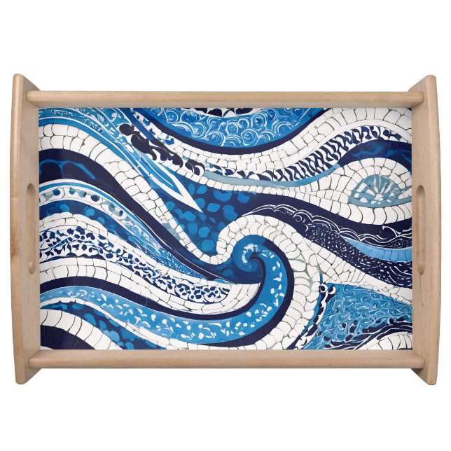 Blue White Wave Pattern 05 Serving Tray (Front)