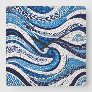 Blue White Wave Pattern 05 Square Wall Clock