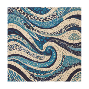 Blue White Wave Pattern 05 Wood Wall Art
