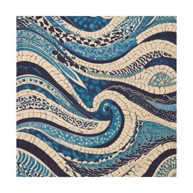 Blue White Wave Pattern 05 Wood Wall Art (Front)