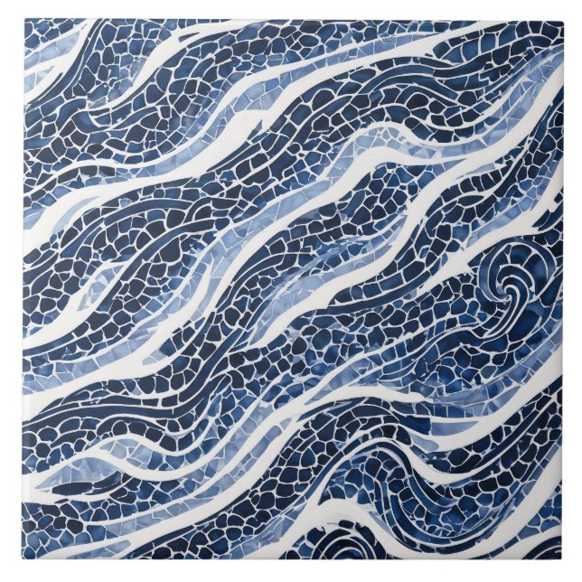 Blue White Wave Pattern 15 Ceramic Tile (Front)