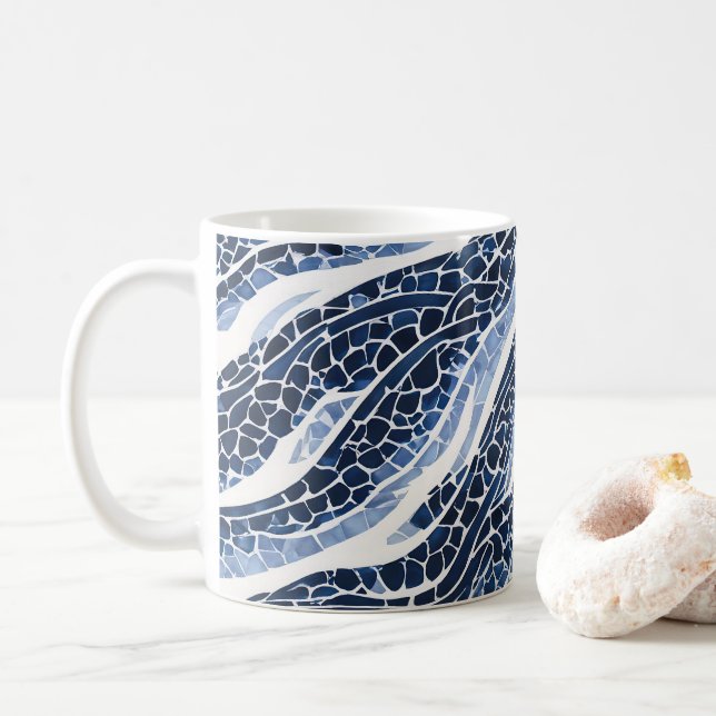 Blue White Wave Pattern 15 Coffee Mug (With Donut)