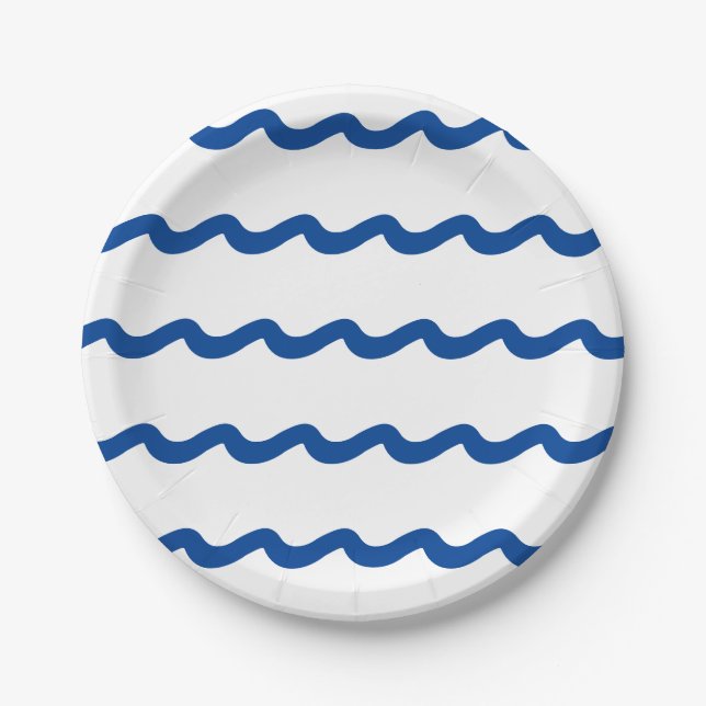Blue white waves nautical party paper plates (Front)