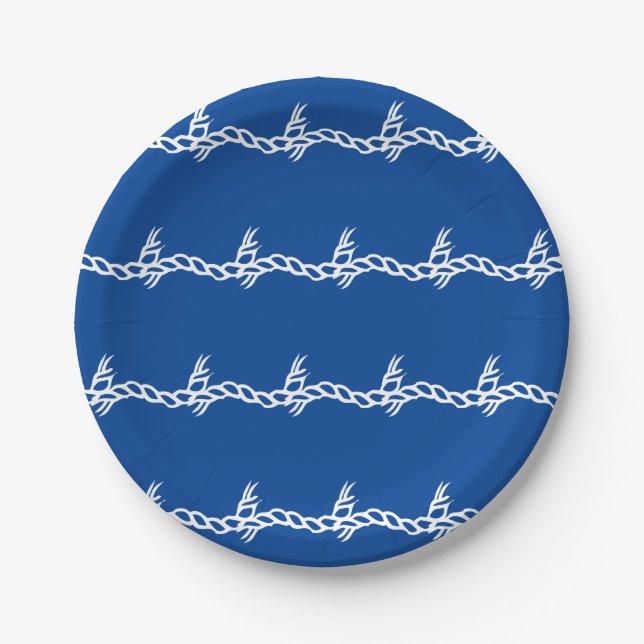 Blue white waves nautical rope party paper plate (Front)
