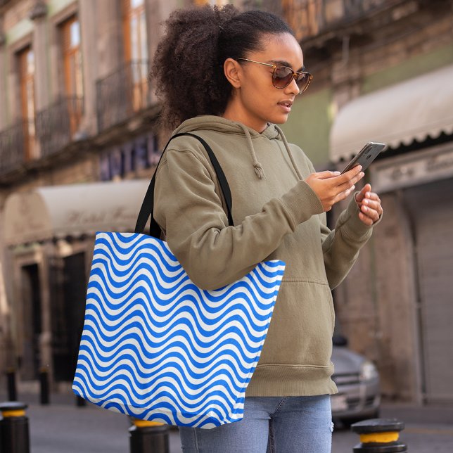 Blue White Wavy Stripes Psychedelic Hypnotic Tote Bag (Blue White Wavy Stripes Psychedelic Hypnotic Tote Bag, large tote bag, shopping bag, pattern)