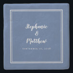 Blue White Wedding Bride & Groom Elegant Simple Stone Coaster<br><div class="desc">The newlyweds are certain to love this simple, minimalist and chic stone wedding coaster features a modern design with a double framed border in crisp white on a trendy classic blue background. This modern simple design provides timeless, classic sophistication. Personalize names of couple and event date in elegant white lettering...</div>
