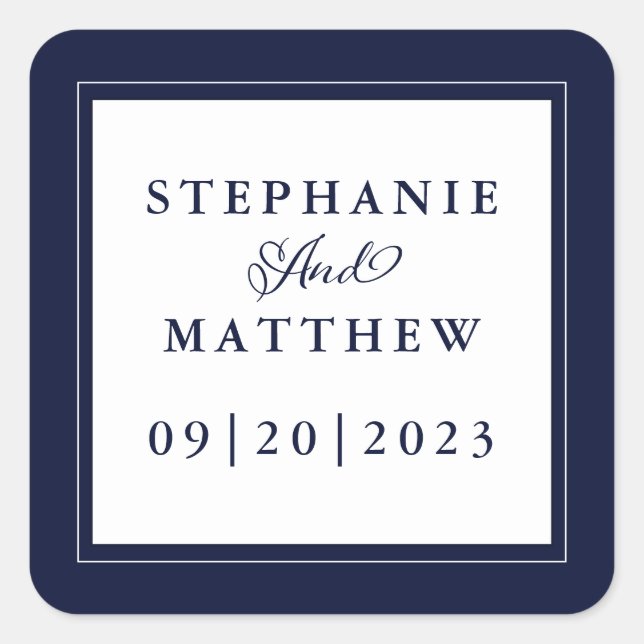 Blue White Wedding Elegant Calligraphy Chic Frame  Square Sticker (Front)
