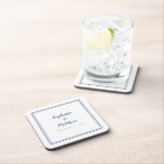 Blue White Wedding Modern Minimalist Newlywed Beverage Coaster<br><div class="desc">Simple, minimalist and chic Wedding coaster features a modern design with a double framed border in classic blue on a crisp white background. This modern simple design provides timeless, classic sophistication. Personalize names of couple and event date in elegant blue lettering and script. These are a perfect keepsake for your...</div>