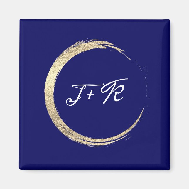 Blue White Wedding Monogram Gold Save The Date Magnet (Front)