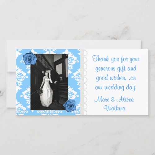 Blue  White Wedding Photo Thank You Card